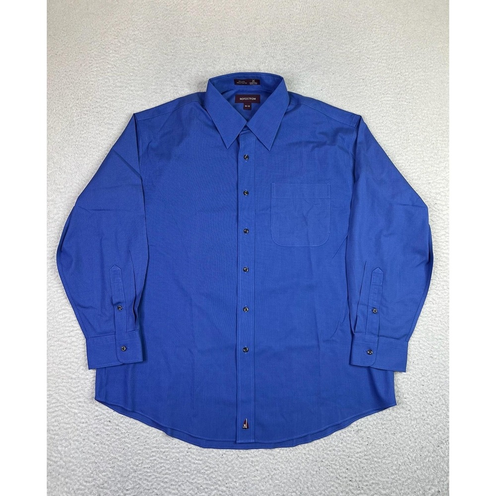 Nordstrom Smartcare Mens 16.5 32 Blue Wrinkle Free Cotton Dress Button Up Shirt